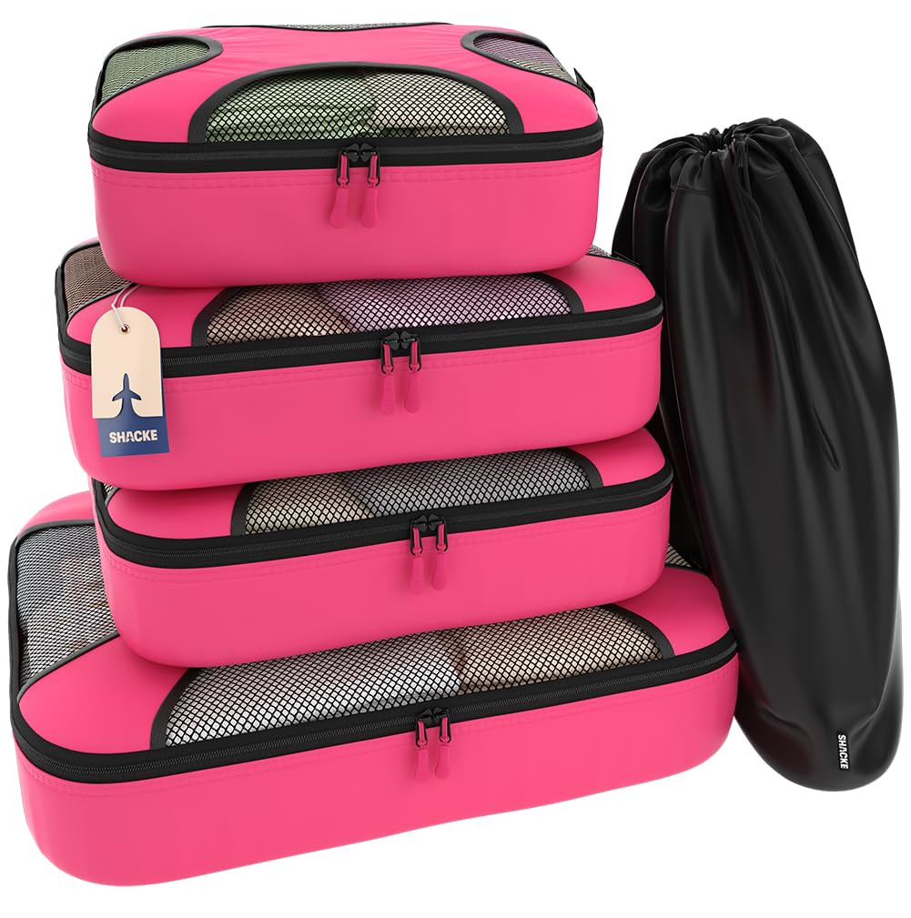 Shacke Premium 5 Packing Cubes Set - Lightweight Mesh Travel Luggage Organizers with Laundry Bag, 5-Piece Suitcase Storage System (Green Grass)