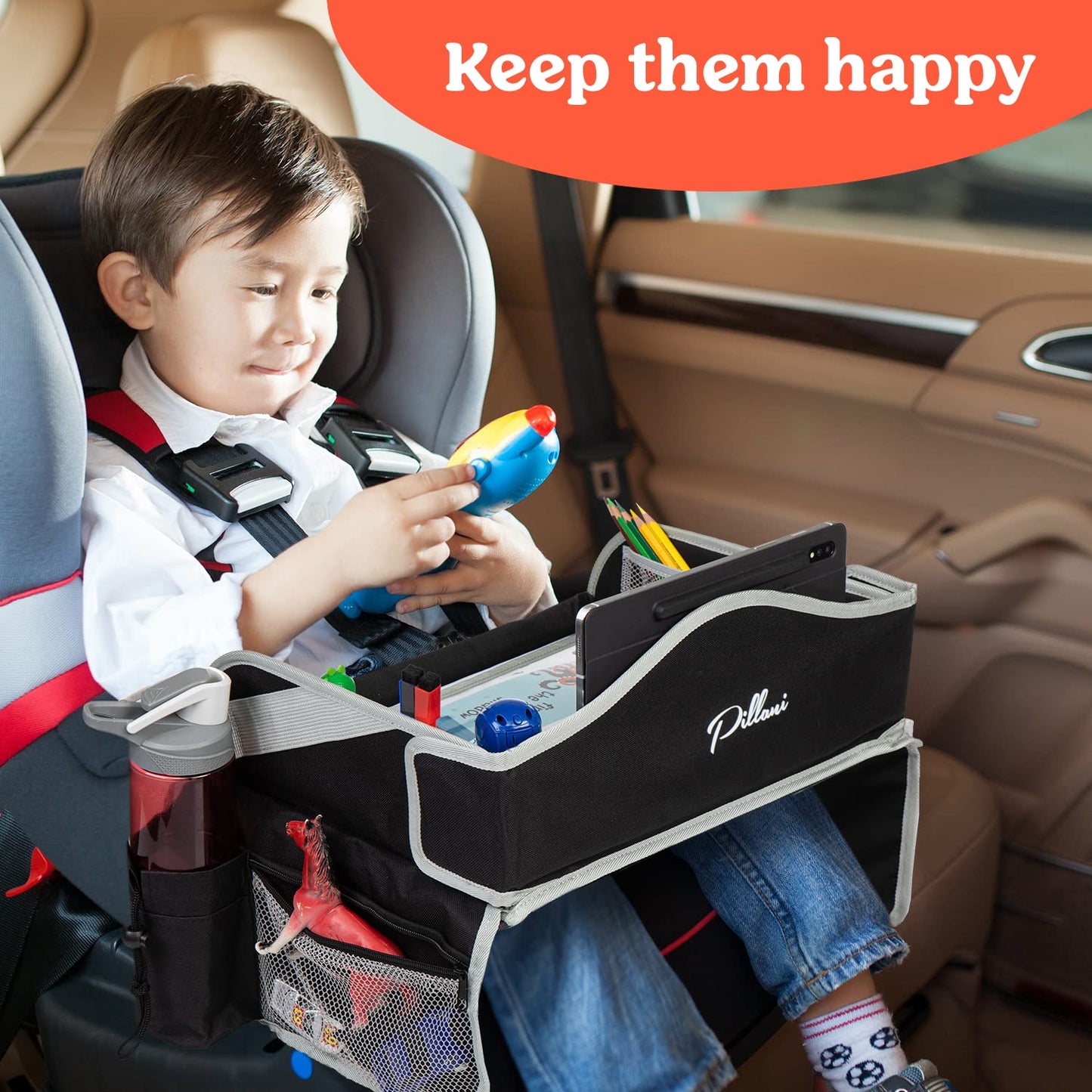 PILLANI Kids Car Seat Tray - Travel Tray for Carseat with Activities for Road Trips and Airplanes