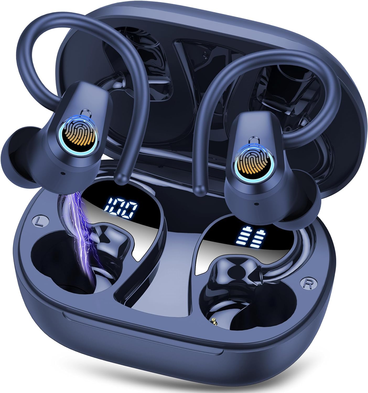 Wireless Earbuds Bluetooth 5.4 Headphones Sport, 50H Stereo Ear Buds Dual LED Display, 2025 Bluetooth Earbuds with 4 ENC Noise Canceling Mic, IP7 Waterproof Earphones with Earhooks for Running, Navy
