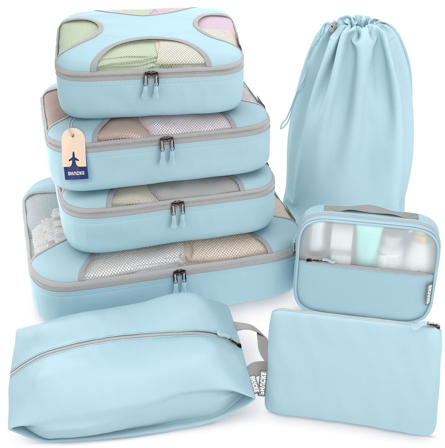Shacke Premium 5 Packing Cubes Set - Lightweight Mesh Travel Luggage Organizers with Laundry Bag, 5-Piece Suitcase Storage System (Green Grass)