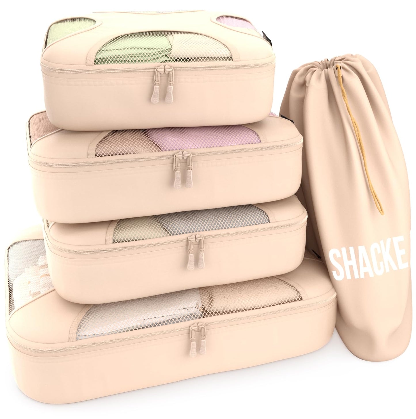Shacke Premium 5 Packing Cubes Set - Lightweight Mesh Travel Luggage Organizers with Laundry Bag, 5-Piece Suitcase Storage System (Green Grass)