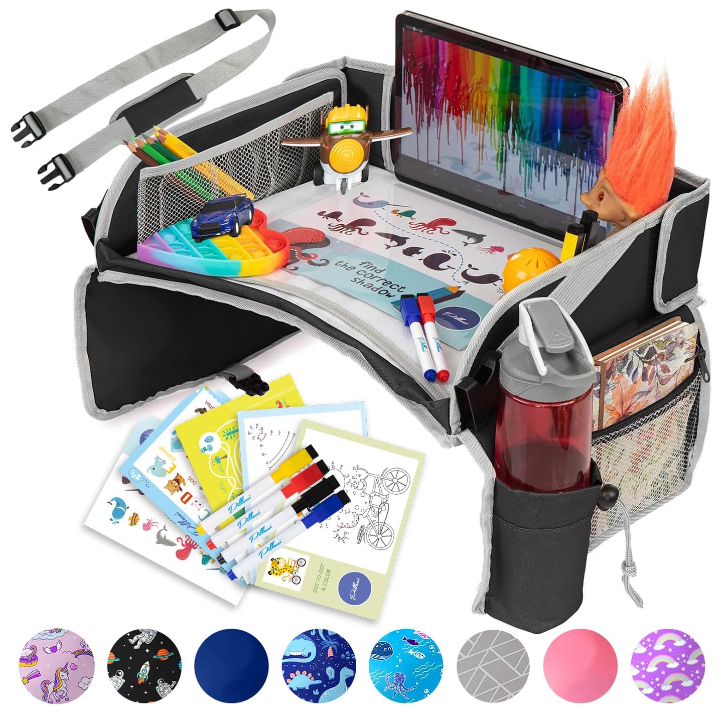 PILLANI Kids Car Seat Tray - Travel Tray for Carseat with Activities for Road Trips and Airplanes