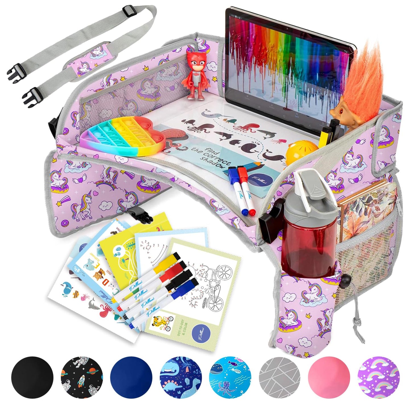 PILLANI Kids Car Seat Tray - Travel Tray for Carseat with Activities for Road Trips and Airplanes