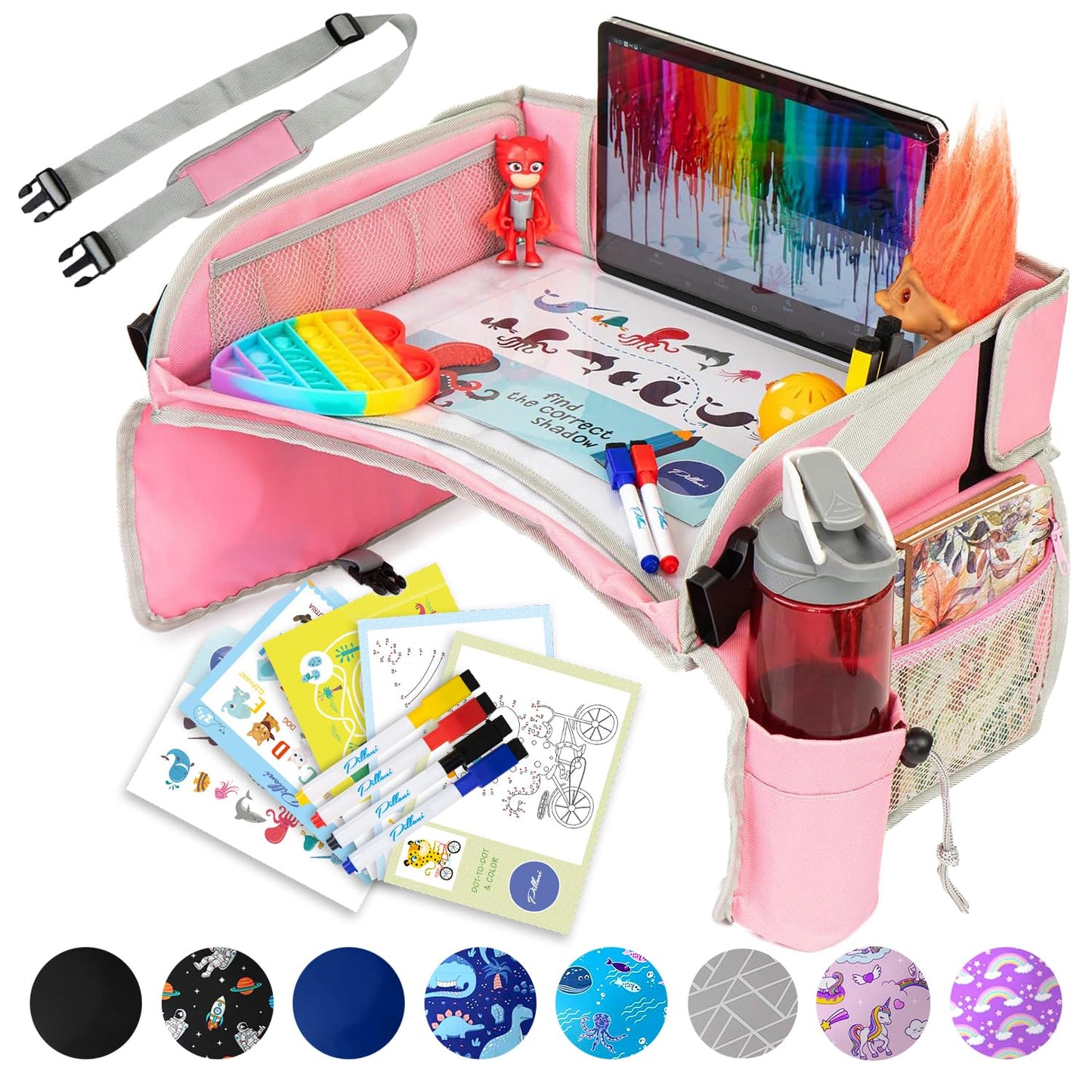 PILLANI Kids Car Seat Tray - Travel Tray for Carseat with Activities for Road Trips and Airplanes