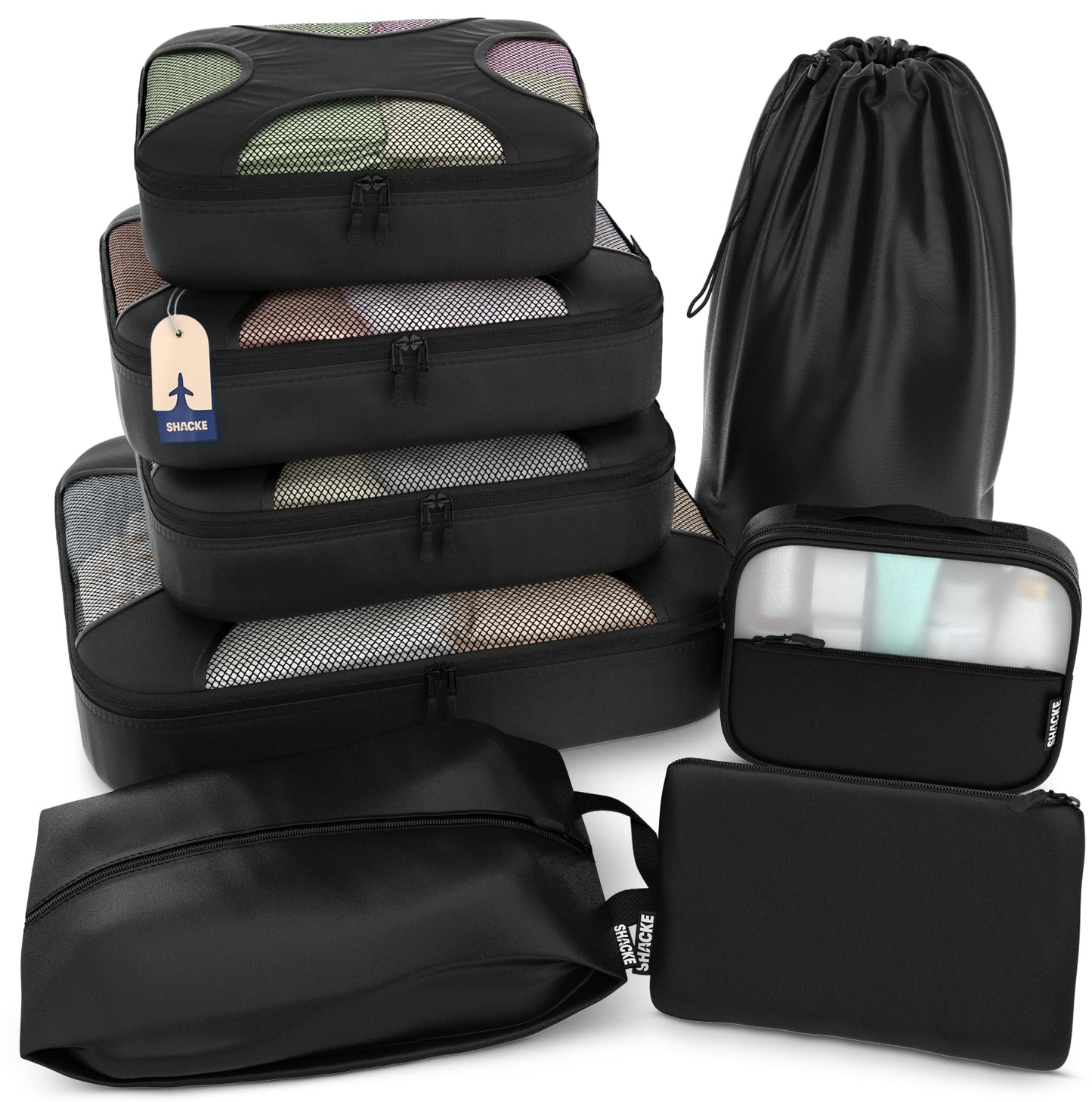 Shacke Premium 5 Packing Cubes Set - Lightweight Mesh Travel Luggage Organizers with Laundry Bag, 5-Piece Suitcase Storage System (Green Grass)
