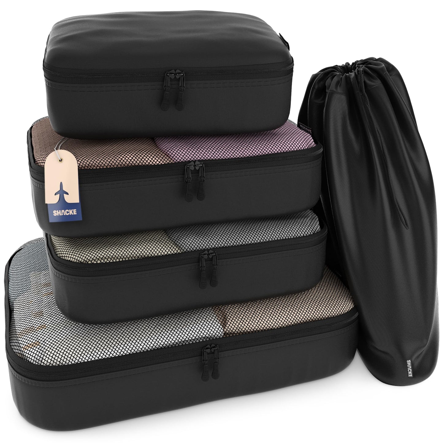 Shacke Premium 5 Packing Cubes Set - Lightweight Mesh Travel Luggage Organizers with Laundry Bag, 5-Piece Suitcase Storage System (Green Grass)