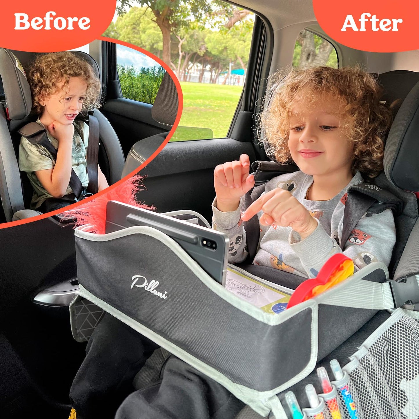PILLANI Kids Car Seat Tray - Travel Tray for Carseat with Activities for Road Trips and Airplanes