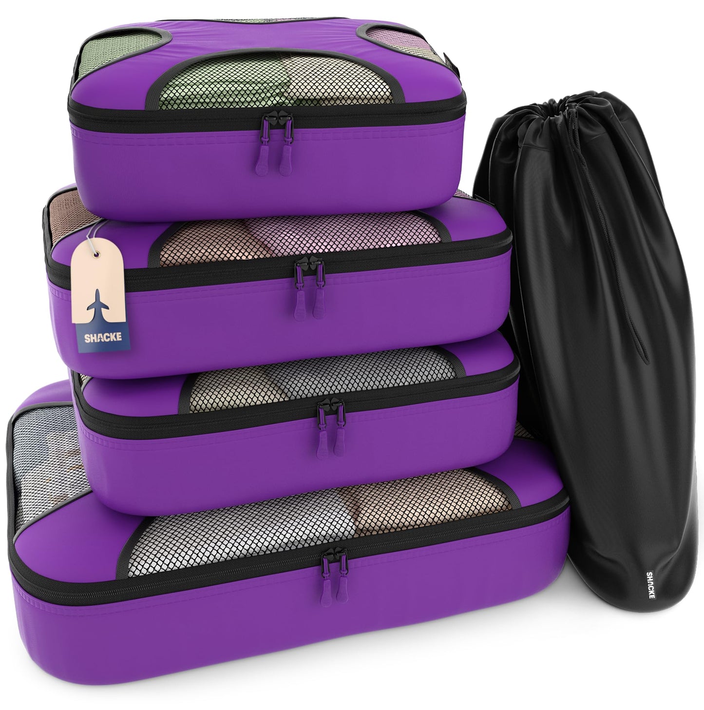 Shacke Premium 5 Packing Cubes Set - Lightweight Mesh Travel Luggage Organizers with Laundry Bag, 5-Piece Suitcase Storage System (Green Grass)