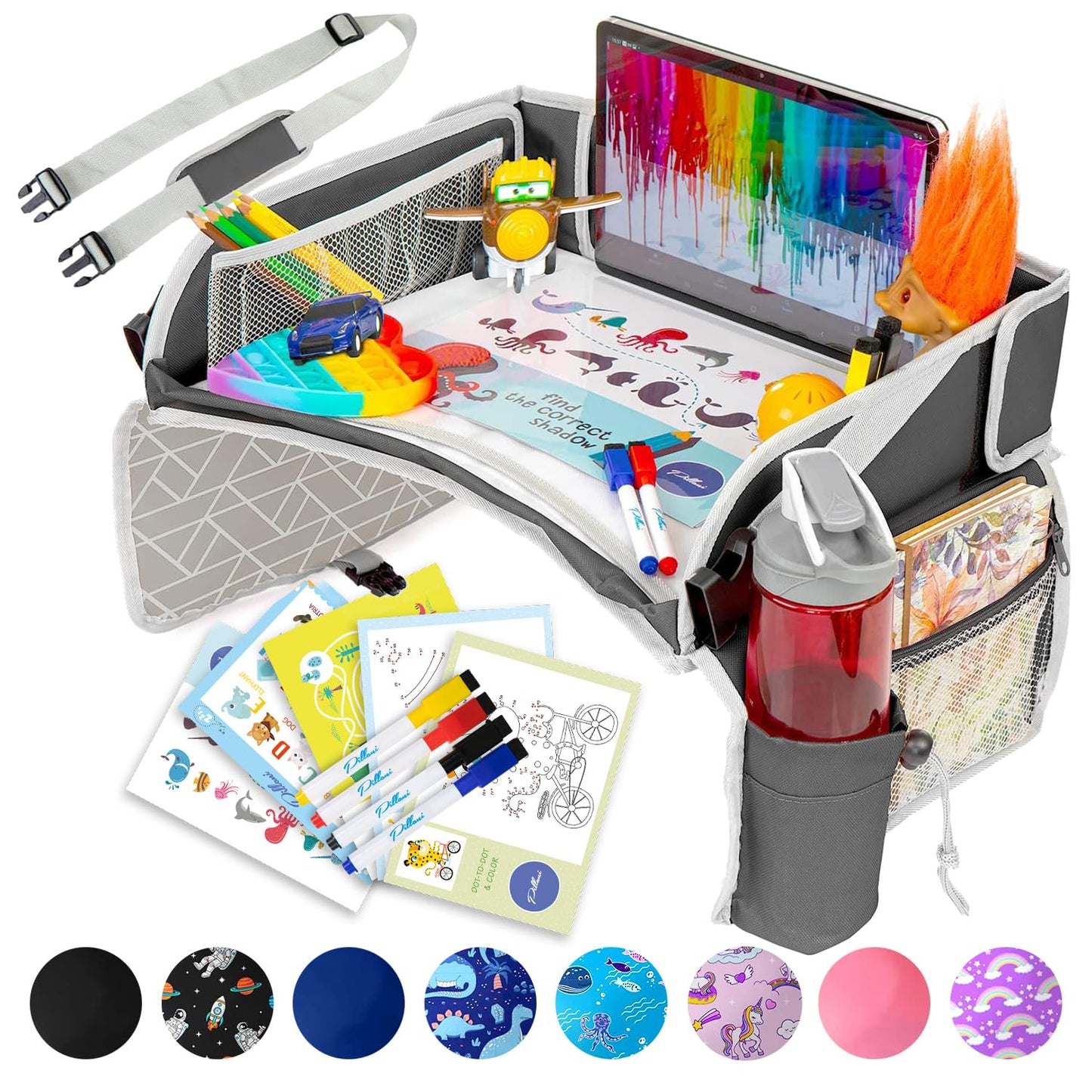 PILLANI Kids Car Seat Tray - Travel Tray for Carseat with Activities for Road Trips and Airplanes