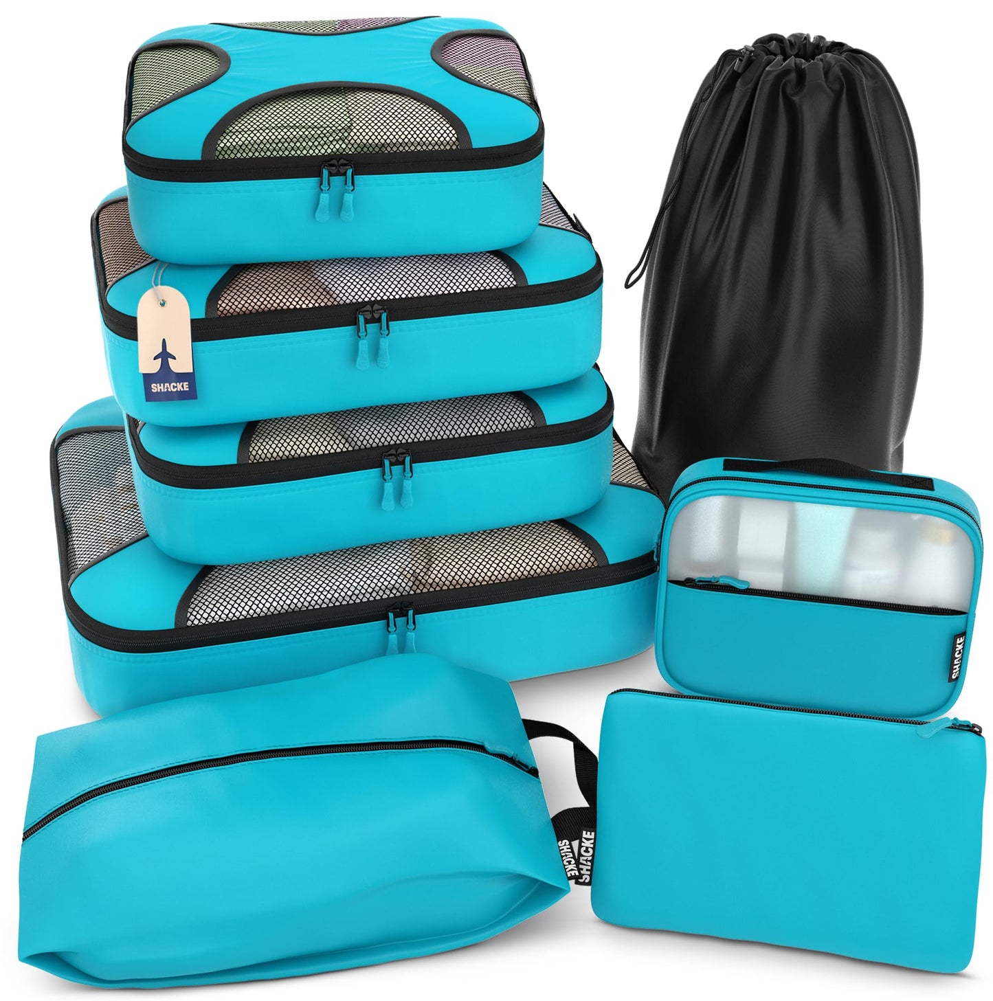 Shacke Premium 5 Packing Cubes Set - Lightweight Mesh Travel Luggage Organizers with Laundry Bag, 5-Piece Suitcase Storage System (Green Grass)