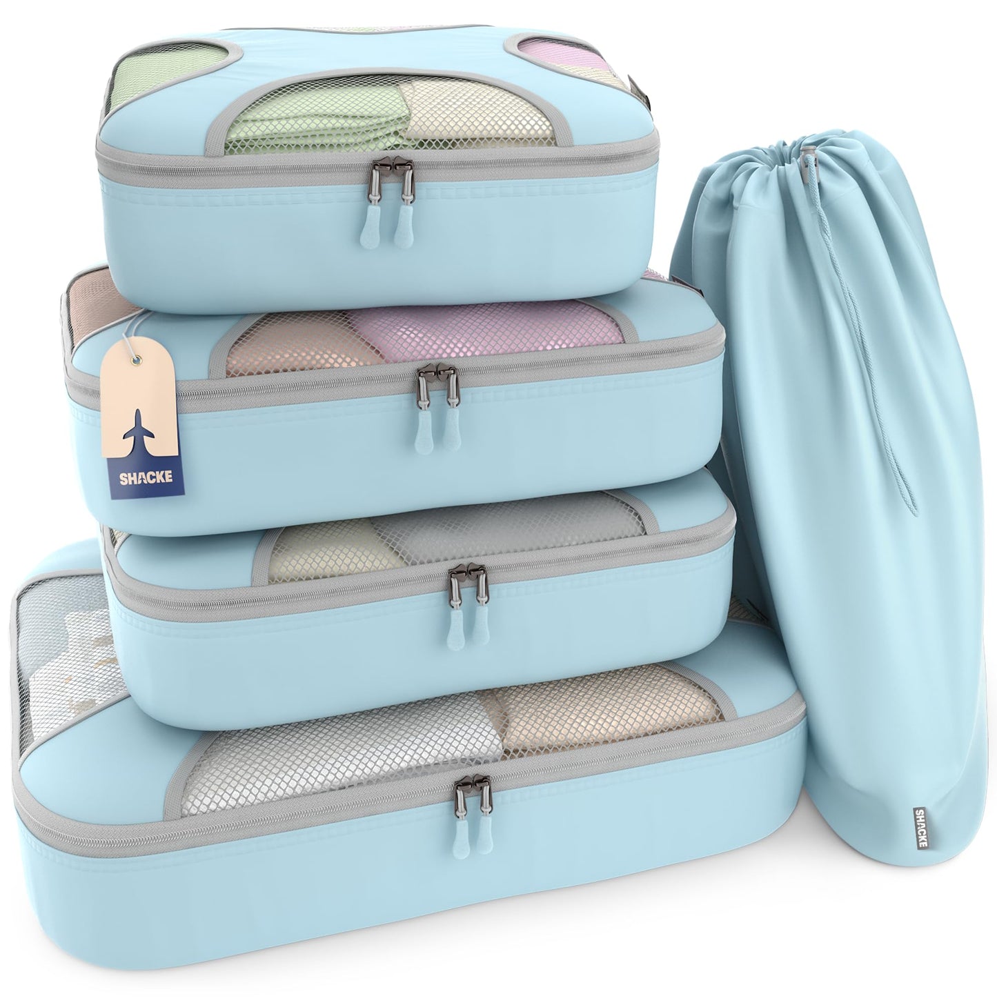 Shacke Premium 5 Packing Cubes Set - Lightweight Mesh Travel Luggage Organizers with Laundry Bag, 5-Piece Suitcase Storage System (Green Grass)