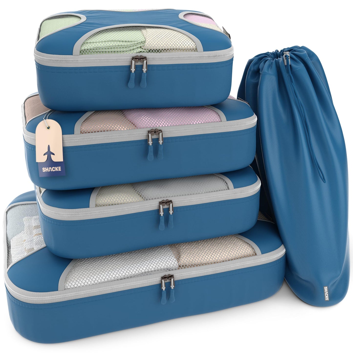 Shacke Premium 5 Packing Cubes Set - Lightweight Mesh Travel Luggage Organizers with Laundry Bag, 5-Piece Suitcase Storage System (Green Grass)