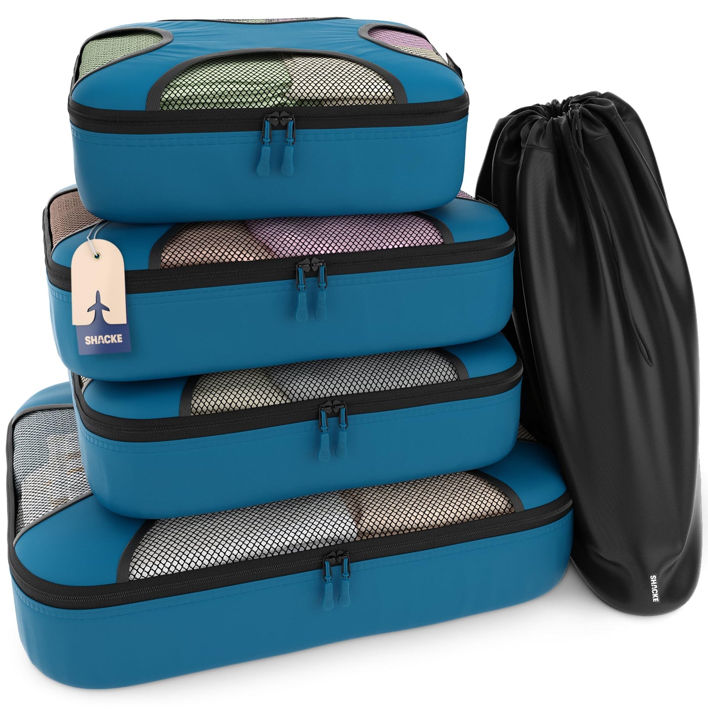 Shacke Premium 5 Packing Cubes Set - Lightweight Mesh Travel Luggage Organizers with Laundry Bag, 5-Piece Suitcase Storage System (Green Grass)