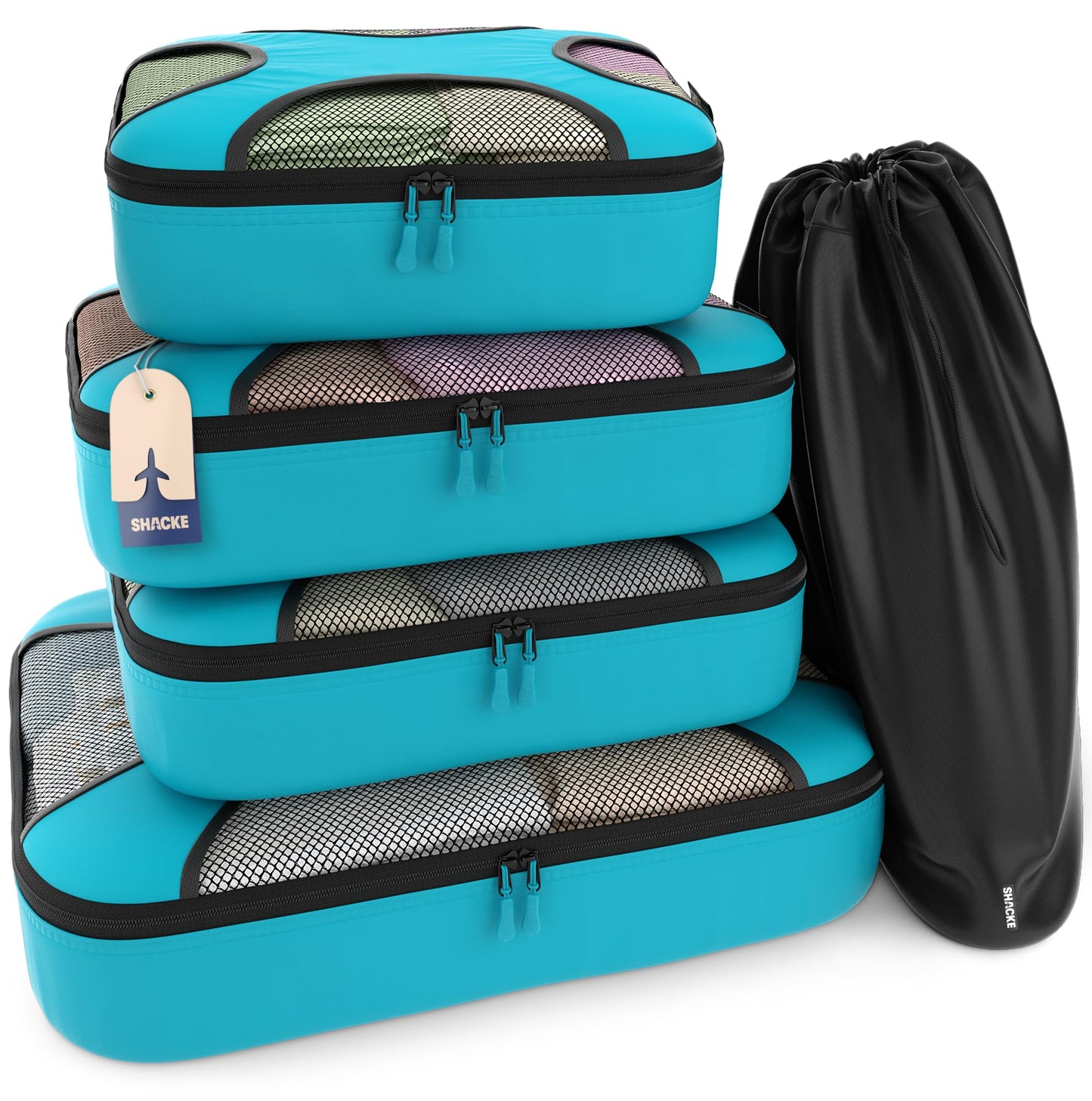 Shacke Premium 5 Packing Cubes Set - Lightweight Mesh Travel Luggage Organizers with Laundry Bag, 5-Piece Suitcase Storage System (Green Grass)