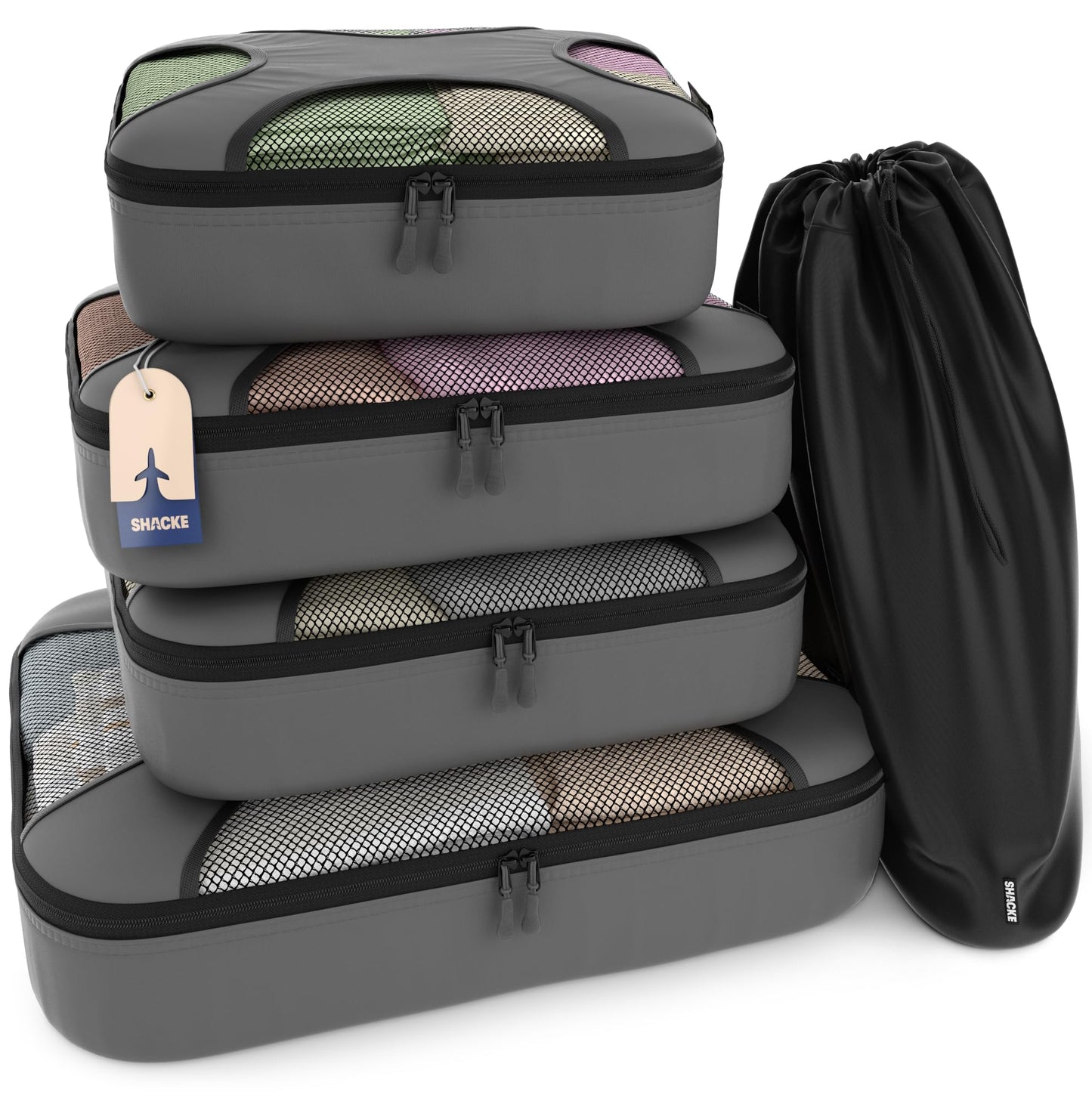 Shacke Premium 5 Packing Cubes Set - Lightweight Mesh Travel Luggage Organizers with Laundry Bag, 5-Piece Suitcase Storage System (Green Grass)