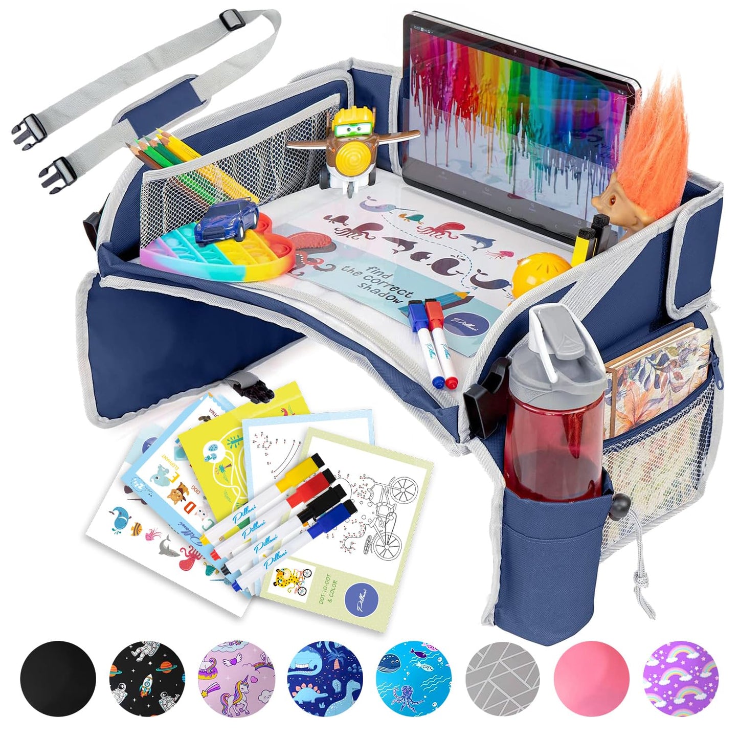 PILLANI Kids Car Seat Tray - Travel Tray for Carseat with Activities for Road Trips and Airplanes