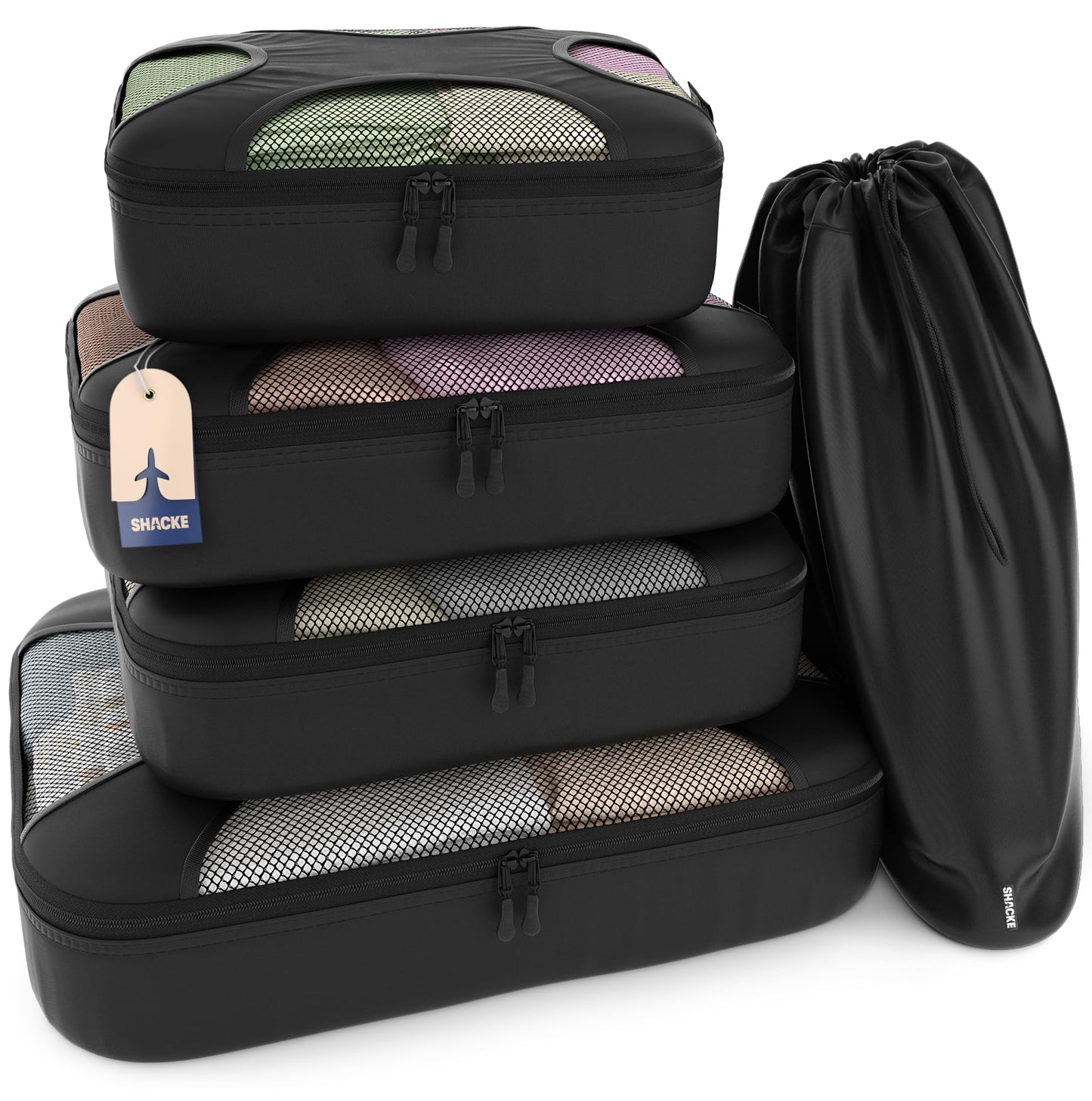 Shacke Premium 5 Packing Cubes Set - Lightweight Mesh Travel Luggage Organizers with Laundry Bag, 5-Piece Suitcase Storage System (Green Grass)