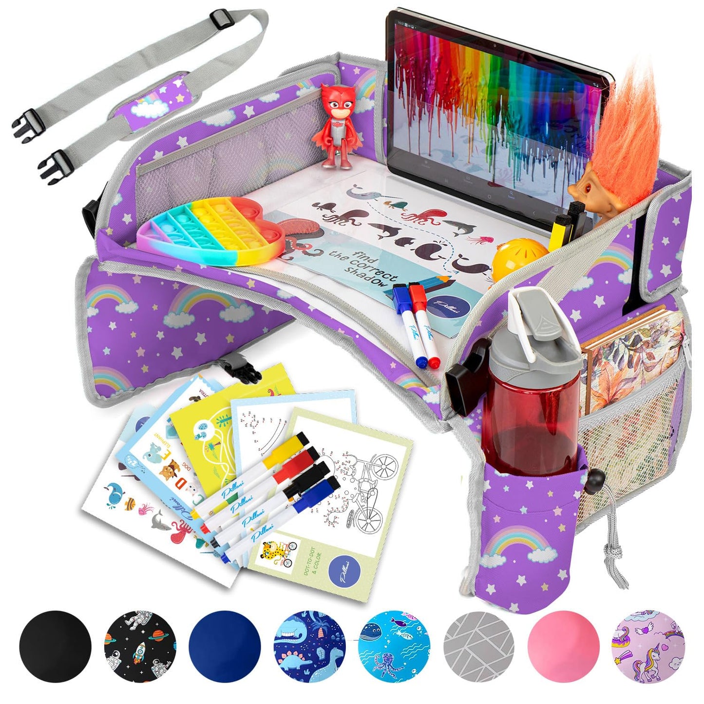 PILLANI Kids Car Seat Tray - Travel Tray for Carseat with Activities for Road Trips and Airplanes