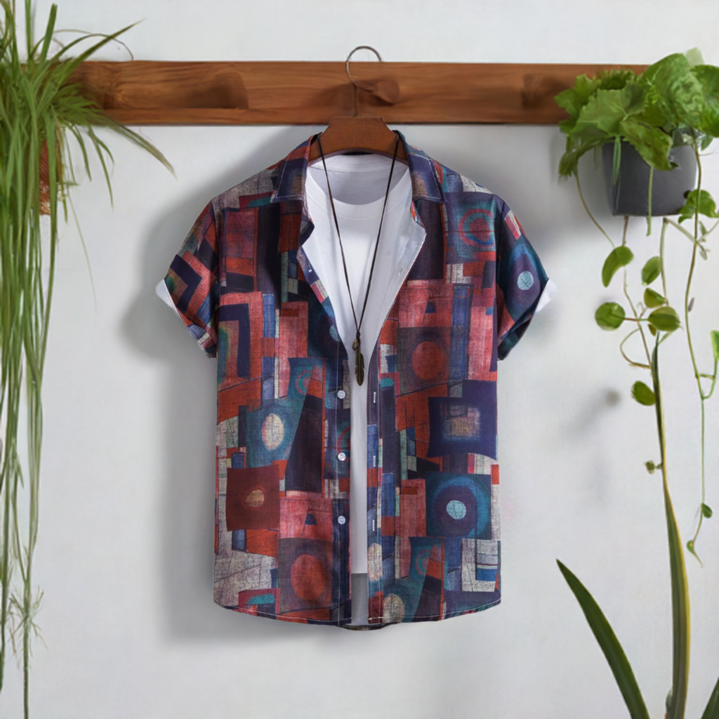 ZWX - Men's Geometric Short Sleeve Button Down Shirt