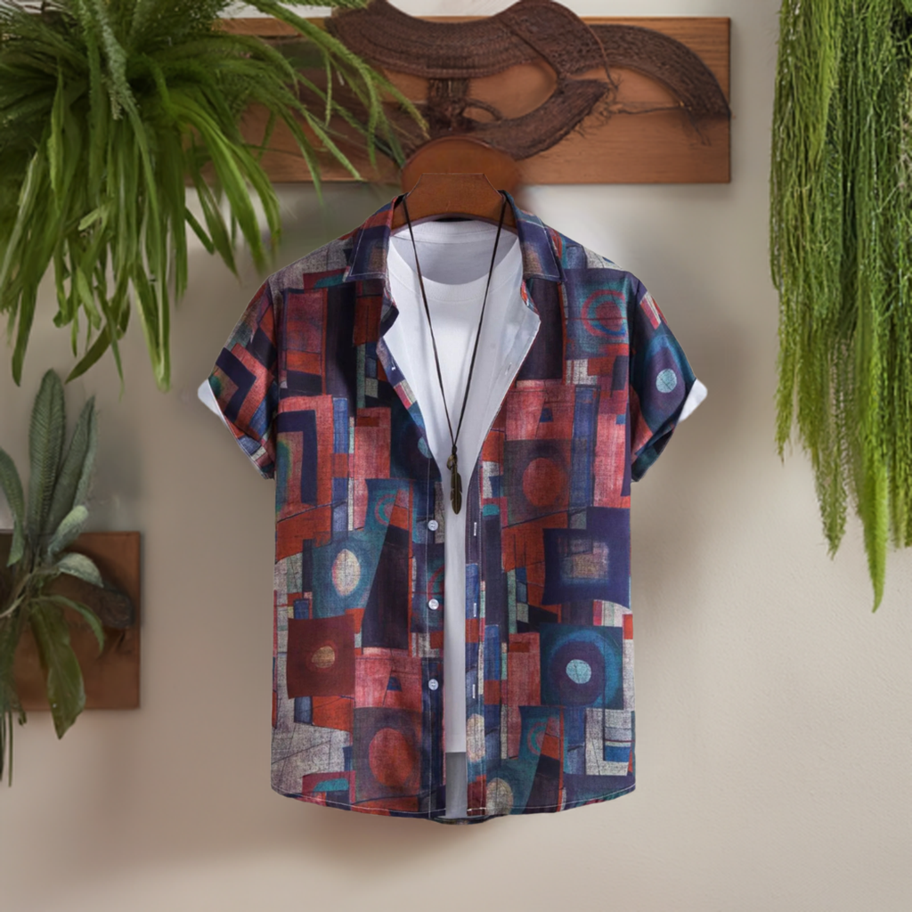 ZWX - Men's Geometric Short Sleeve Button Down Shirt