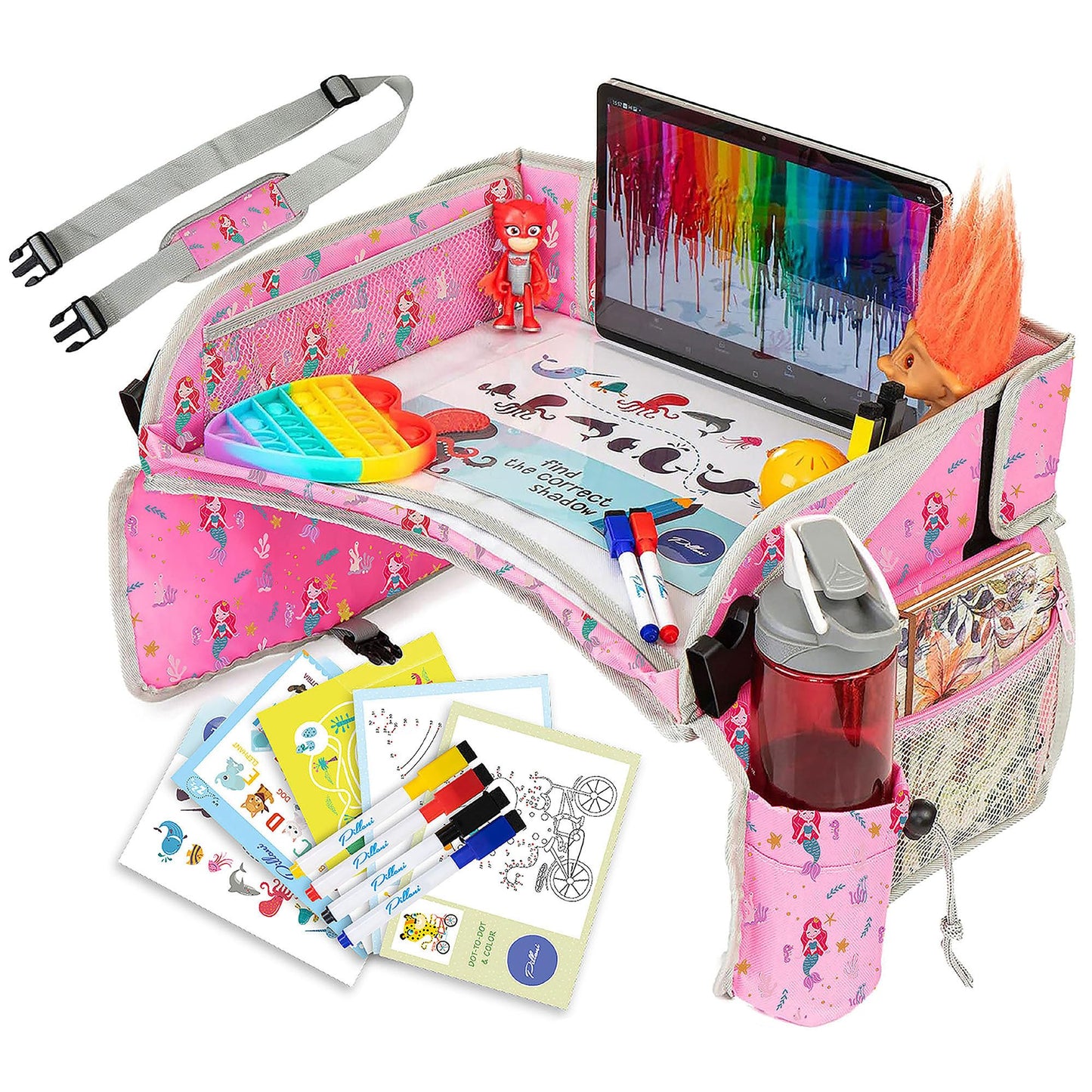 PILLANI Kids Car Seat Tray - Travel Tray for Carseat with Activities for Road Trips and Airplanes