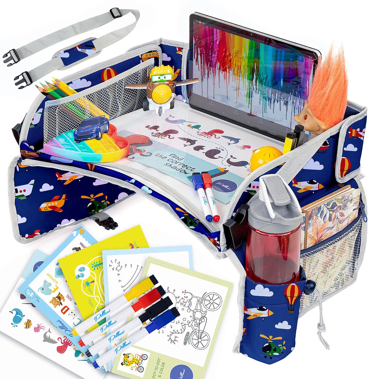 PILLANI Kids Car Seat Tray - Travel Tray for Carseat with Activities for Road Trips and Airplanes