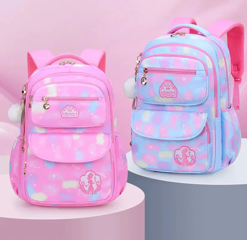 Kawaii Pink and Sky Blue Waterproof School Backpack for Girls