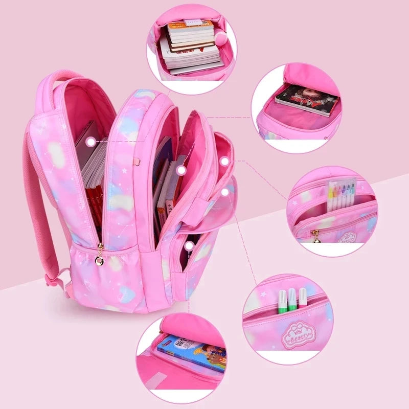 Kawaii Pink and Sky Blue Waterproof School Backpack for Girls