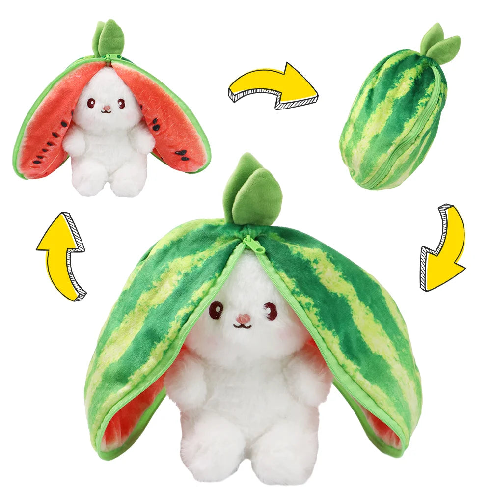 women Side view of Kawaii Plush Zip-Up Bunny with fun Fruit Ear Bunny details