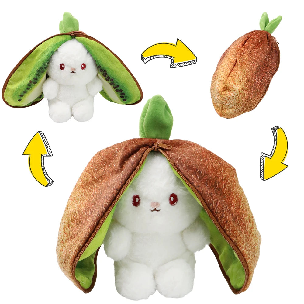 women Cute Kawaii Plush showing Zip-Up Bunny transformation with Fruit Ear Bunny design