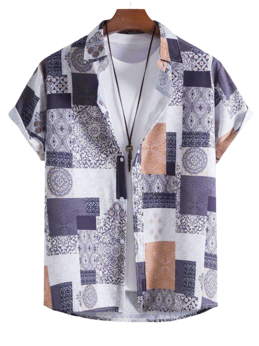 ZWX - Men's Patchwork Printed Short Sleeve Casual Shirt