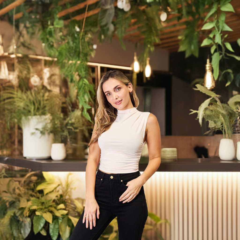 Mock Neck Ruched Cropped Tank -Ivory