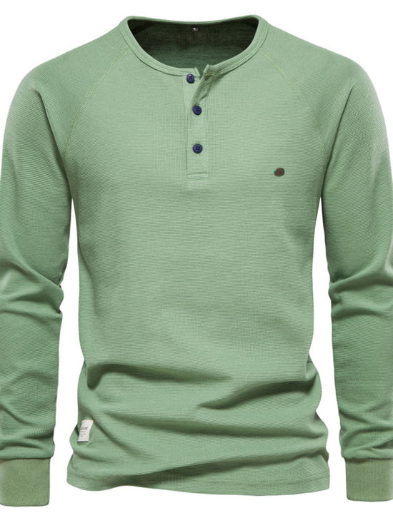 Men's Waffle-Knit Long Sleeve Round Neck Button T-Shirt. Versatile and comfortable, this shirt is perfect for any occasion
