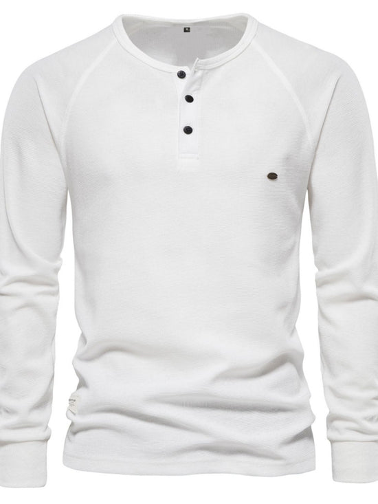 Men's Waffle-Knit Long Sleeve Round Neck Button T-Shirt. Versatile and comfortable, this shirt is perfect for any occasion