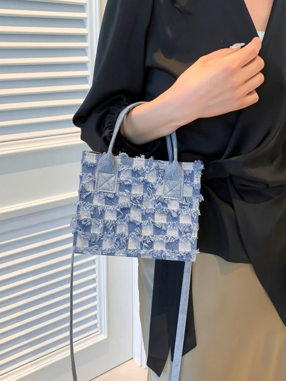 ZWX - Raw Edge Checkered PU Denim Shoulder Bag