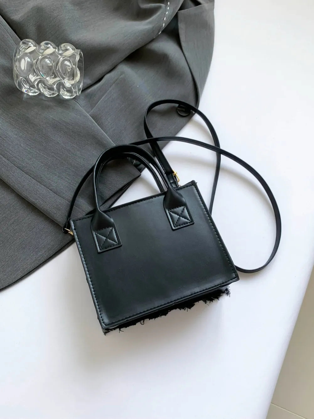ZWX - Raw Edge Checkered PU Denim Shoulder Bag