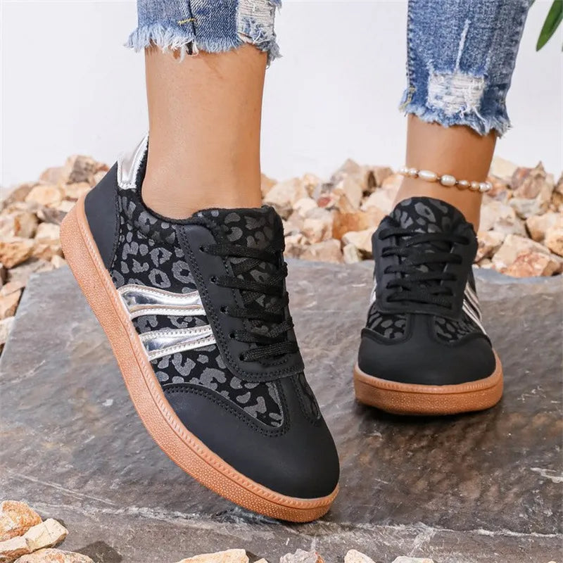 Leopard Round Toe Lace Up Athletic Sneakers - Womens