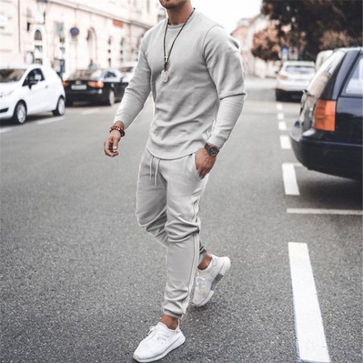 Men's Full Size Round Neck Long Sleeve Top and Pants Set - Plus Size