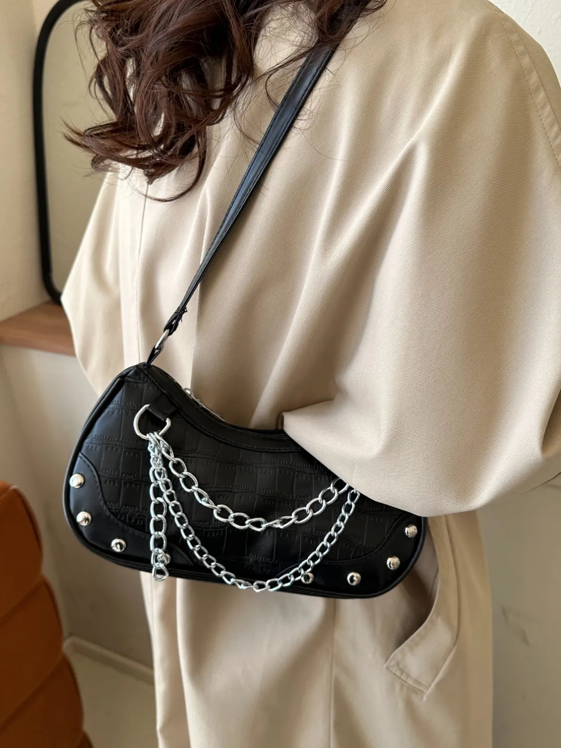 YEPPI - PU Leather Shoulder Bag with Silver Chain