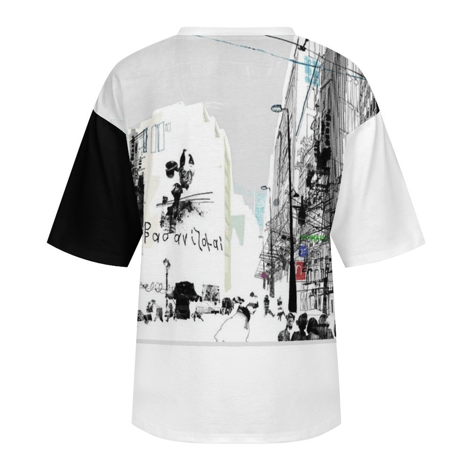 ZWX - Graphic Print Black+White Women's Drop-Shoulder Mid-Sleeve T-Shirt