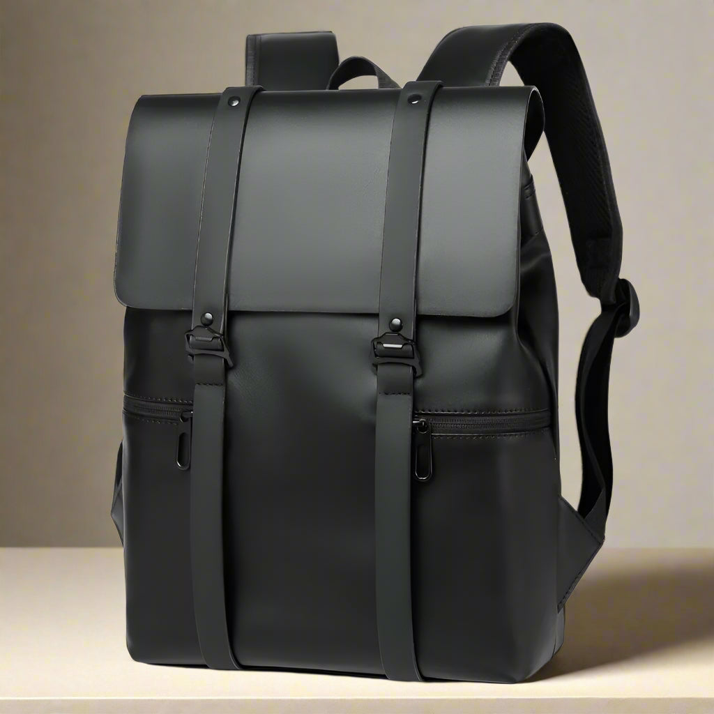 Womens Adjustable Strap Black PU Leather Backpack