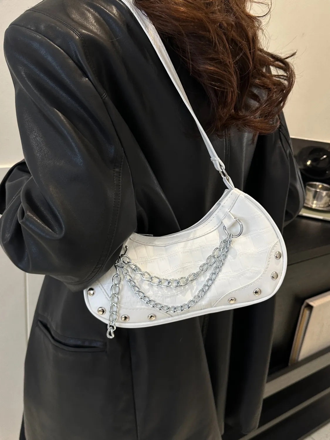 YEPPI - PU Leather Shoulder Bag with Silver Chain