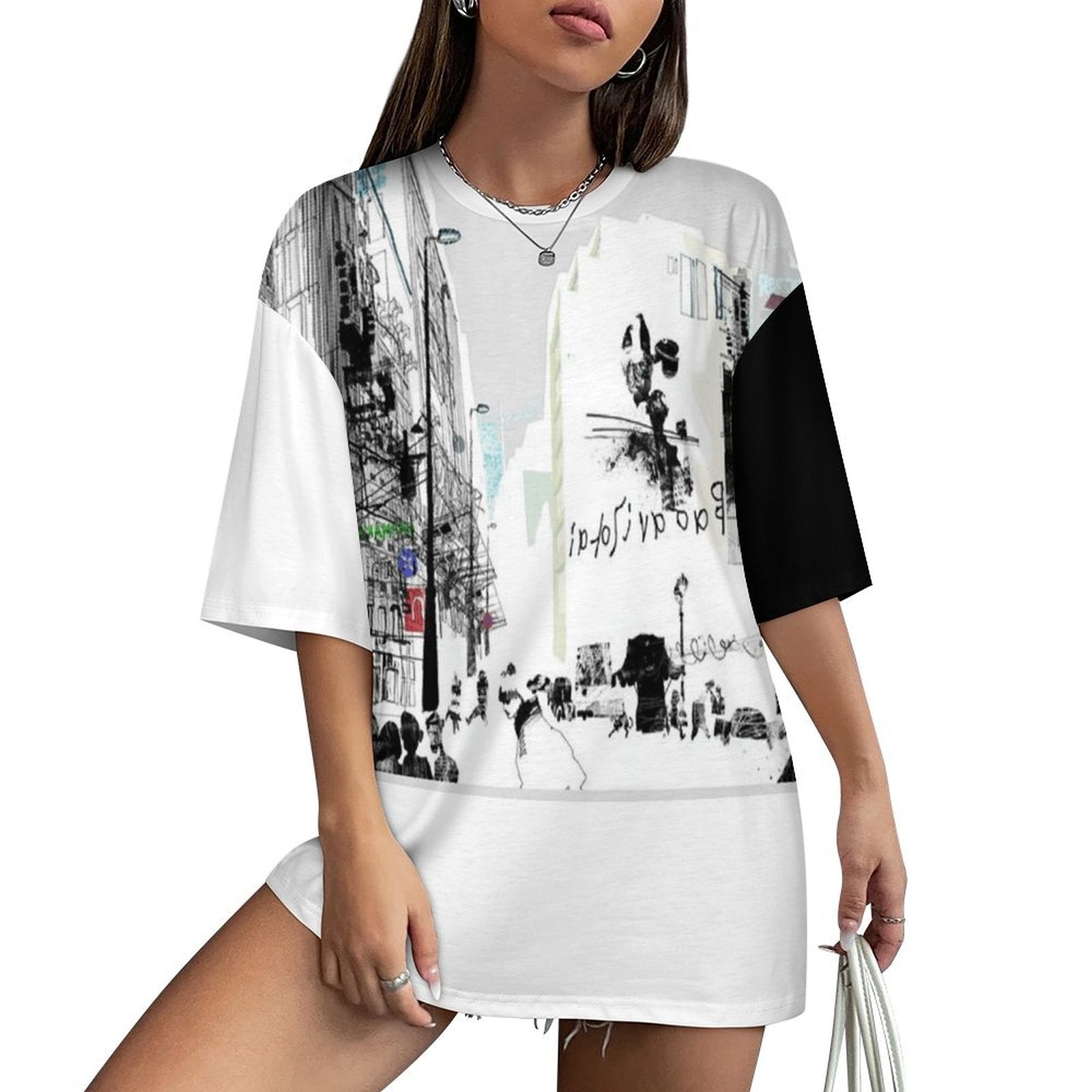 ZWX - Graphic Print Black+White Women's Drop-Shoulder Mid-Sleeve T-Shirt