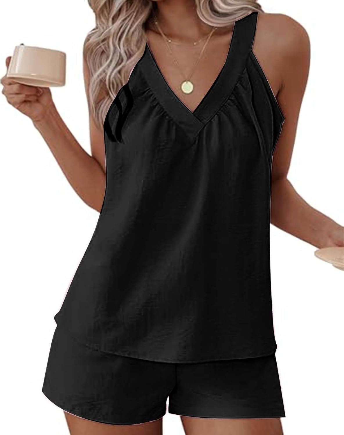 Linen Shorts Sets Women 2 Piece Outfits V Neck Halter Top High Waisted Shorts Matching Sets Summer Boho Beach Outfits