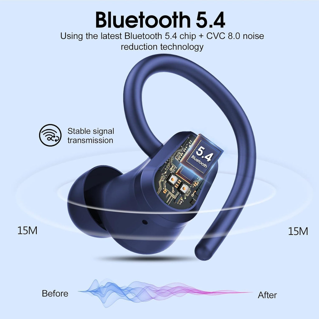 Wireless Earbuds Bluetooth 5.4 Headphones Sport, 50H Stereo Ear Buds Dual LED Display, 2025 Bluetooth Earbuds with 4 ENC Noise Canceling Mic, IP7 Waterproof Earphones with Earhooks for Running, Navy