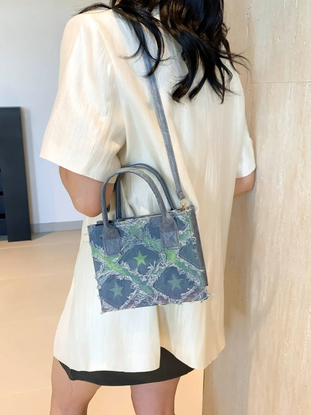 ZWX - Raw Edge Checkered PU Denim Shoulder Bag