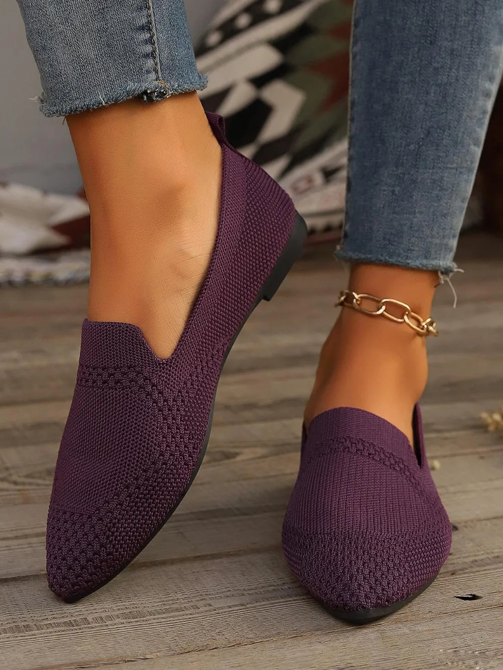 Womens Comfort Fit Point Toe Mesh Slip-On Flats