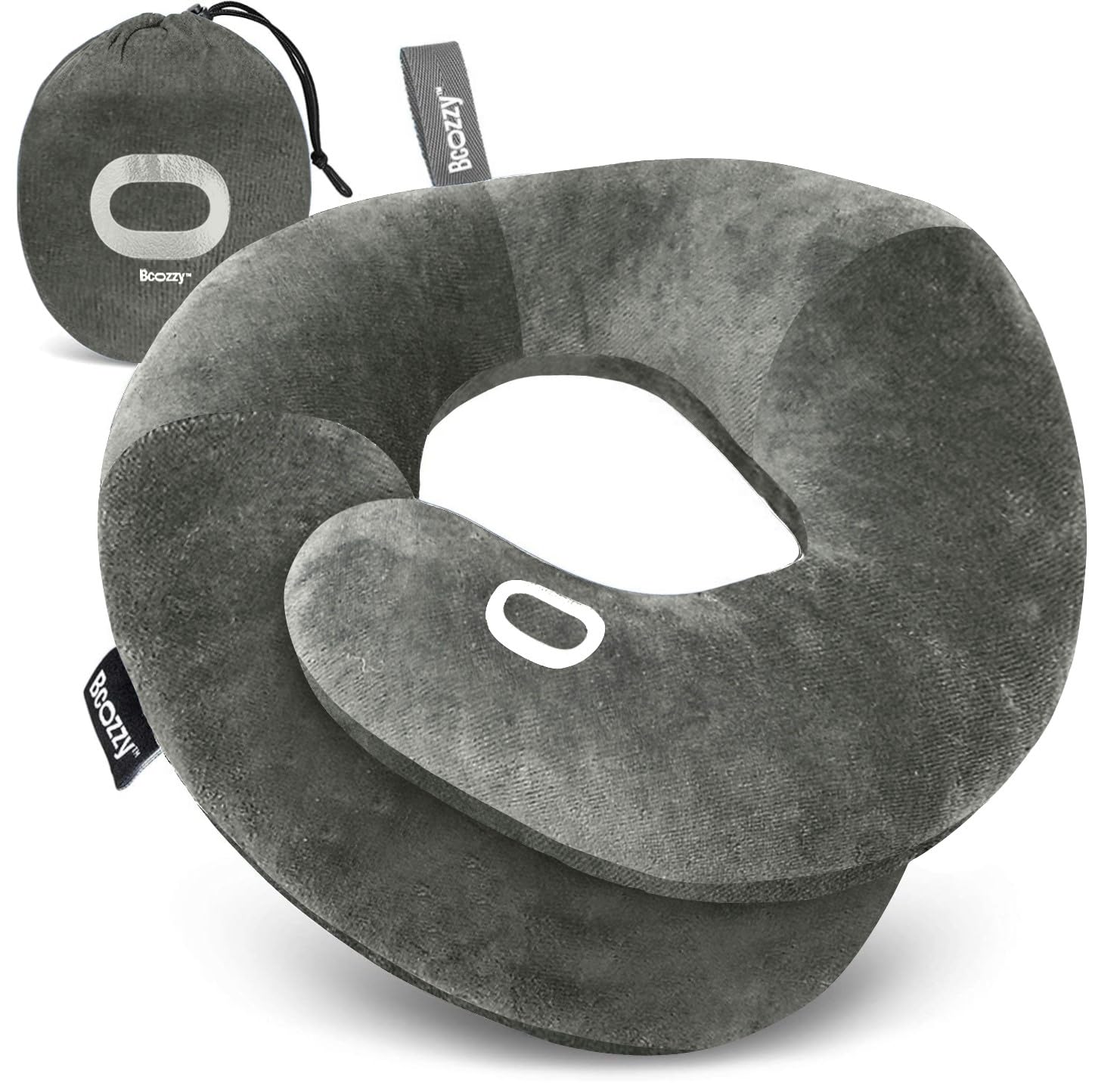 BCOZZY Travel Neck Pillow for Airplane – Patented Double Support for Head, Neck, and Chin. Best for Long Flights, Plane Sleeping, and Car Rides. Adjustable Size. Fully Washable. Carry Bag. Large, Navy