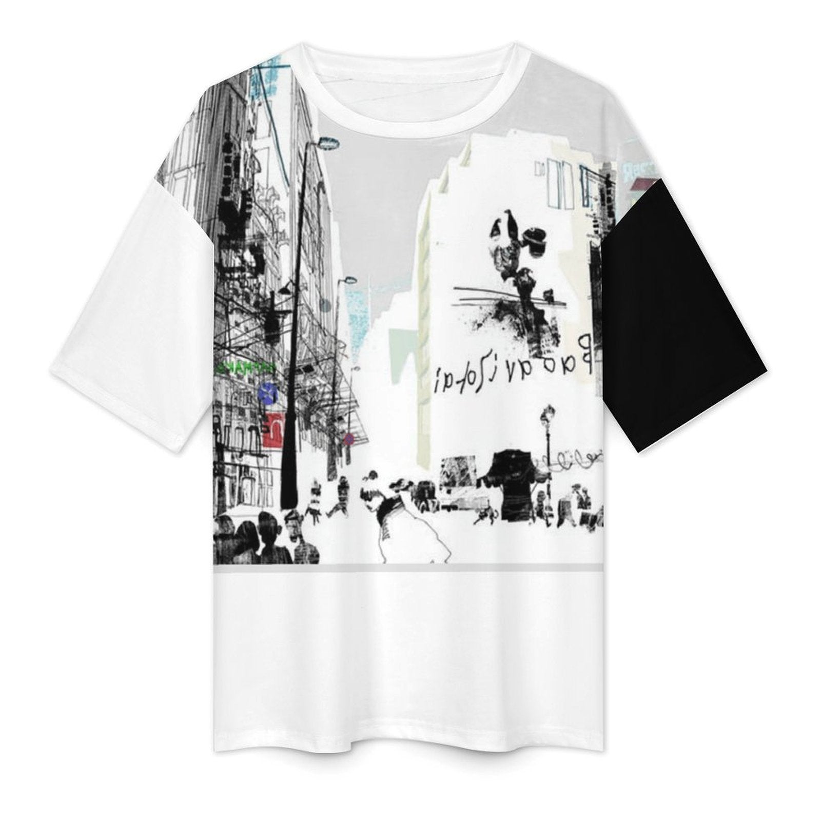 ZWX - Graphic Print Black+White Women's Drop-Shoulder Mid-Sleeve T-Shirt