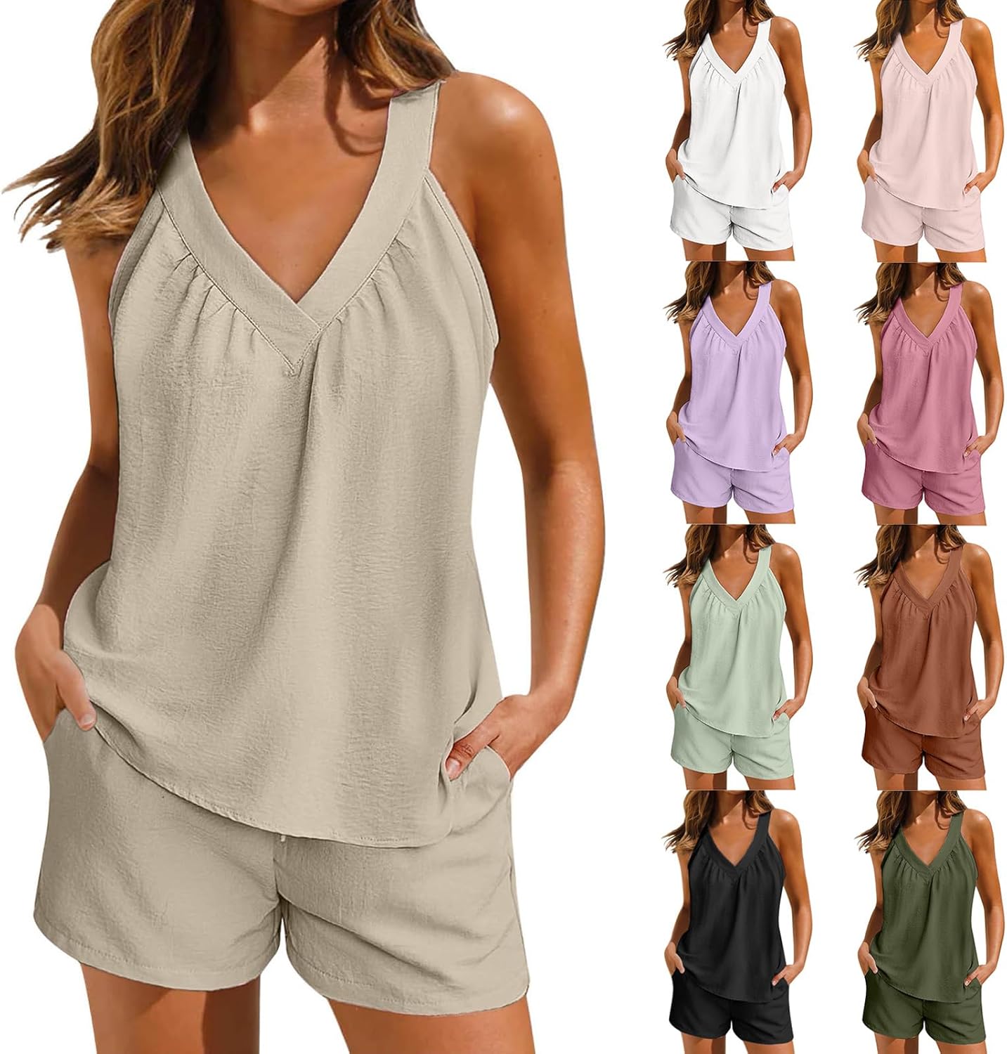 Linen Shorts Sets Women 2 Piece Outfits V Neck Halter Top High Waisted Shorts Matching Sets Summer Boho Beach Outfits